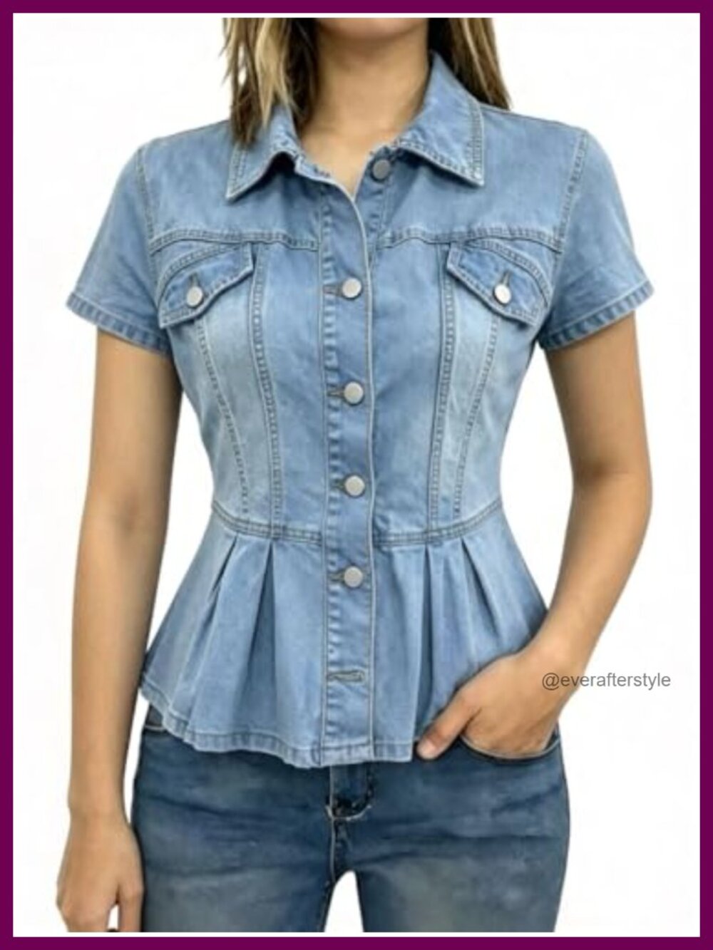 Women's Denim Jacket Cap Sleeve Peplum Raw Hem Button Down Casual